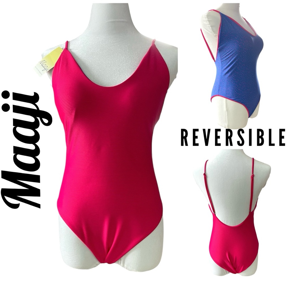 NEW Maaji Reversible Mallot Pink Blue Polkadot One Piece Swimsuit Size Large NWT